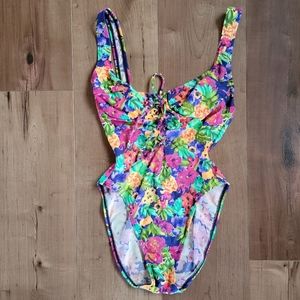 Vintage Baja Blue 90s Floral Neon One Piece Swimsuit